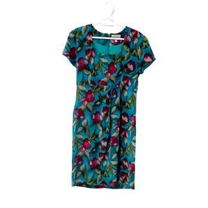 🟢Papell Petites 100% Silk Turquoise Teal Floral Sheath Dress Size 8